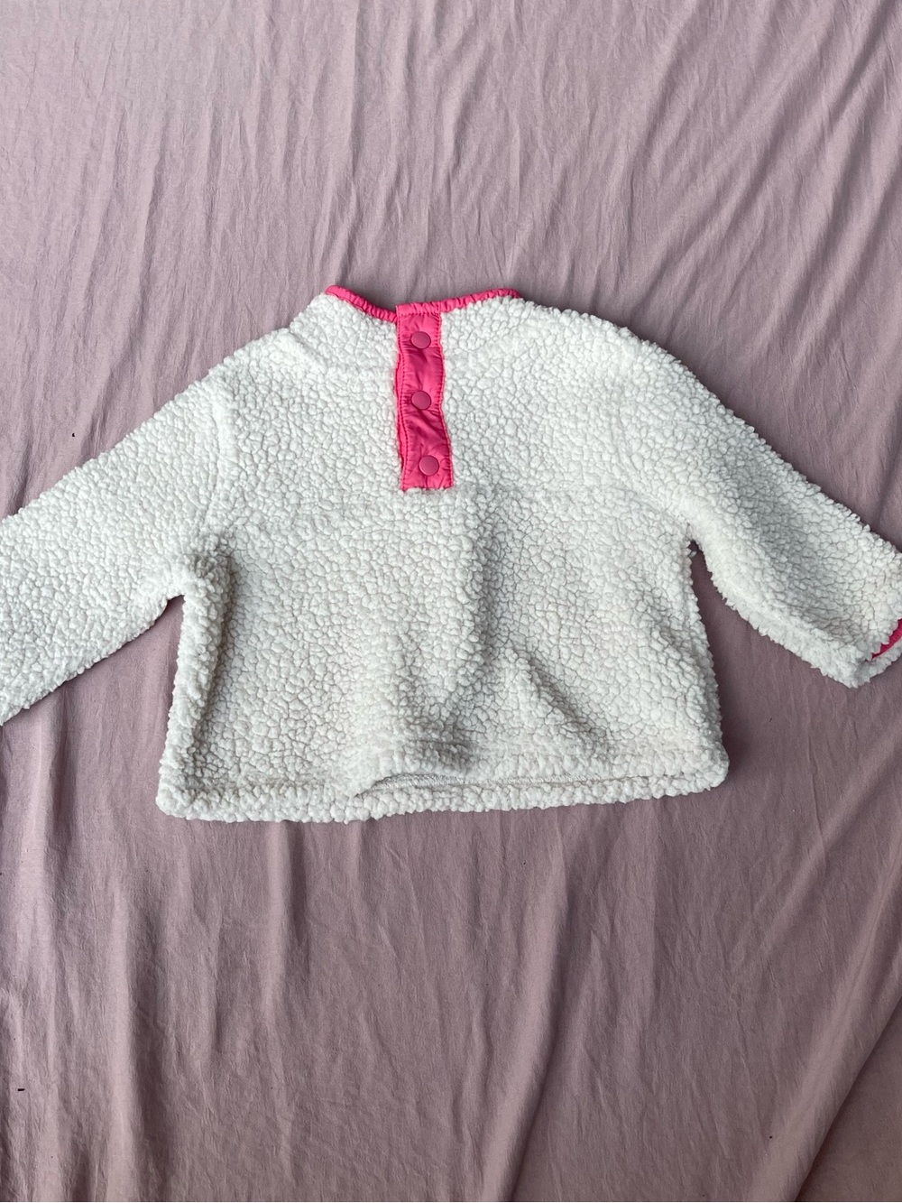Cozy White Sherpa Pullover with Pink Snap Detail - 6-12M